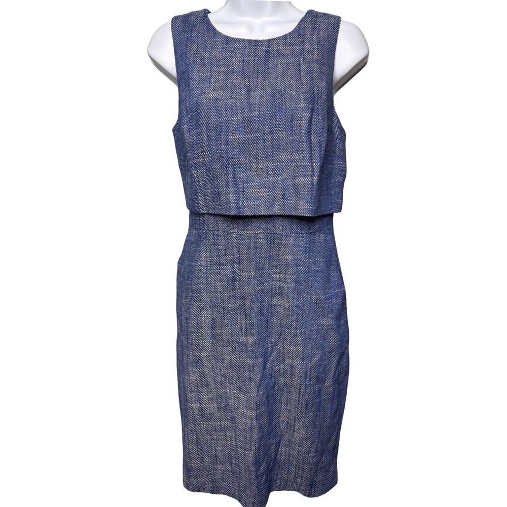 J. CREW Womens Blue Herringbone Layered Sleeveless Sheath Dress 4 Preppy Office - Picture 1 of 13